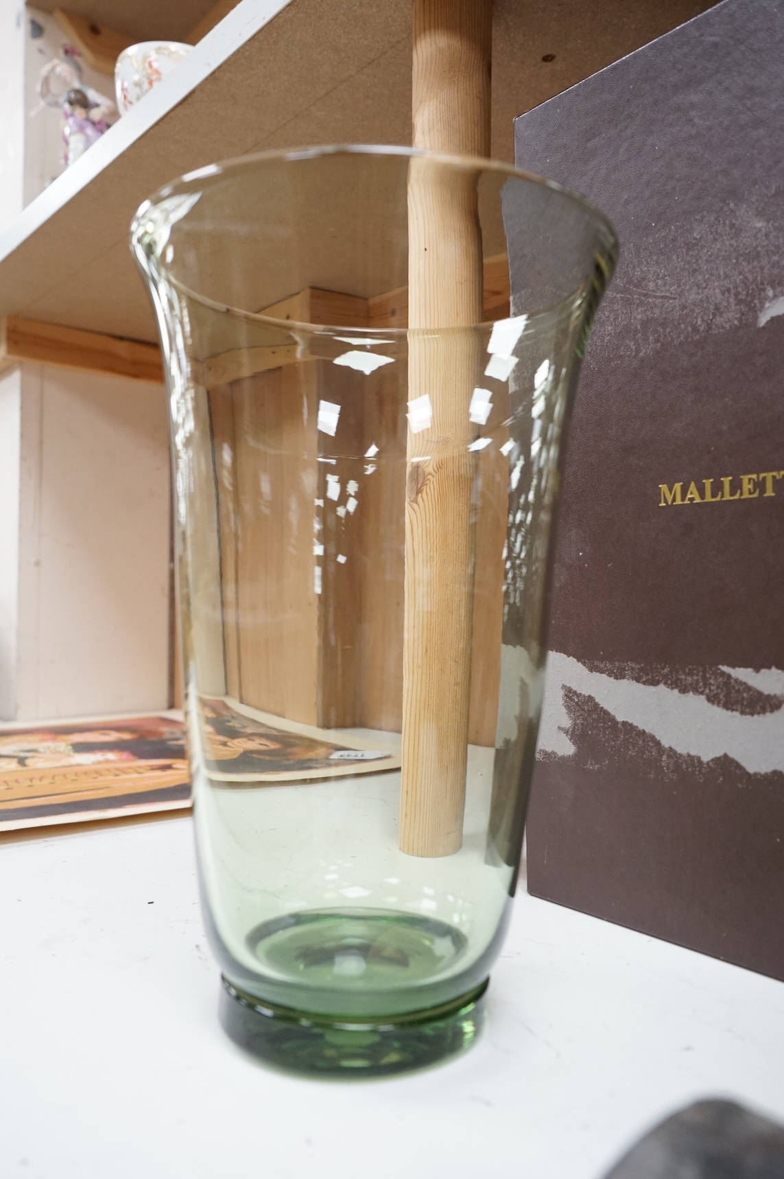A sea green glass vase designed by James Hogan for Whitefriars in Mallet box, 25cm high